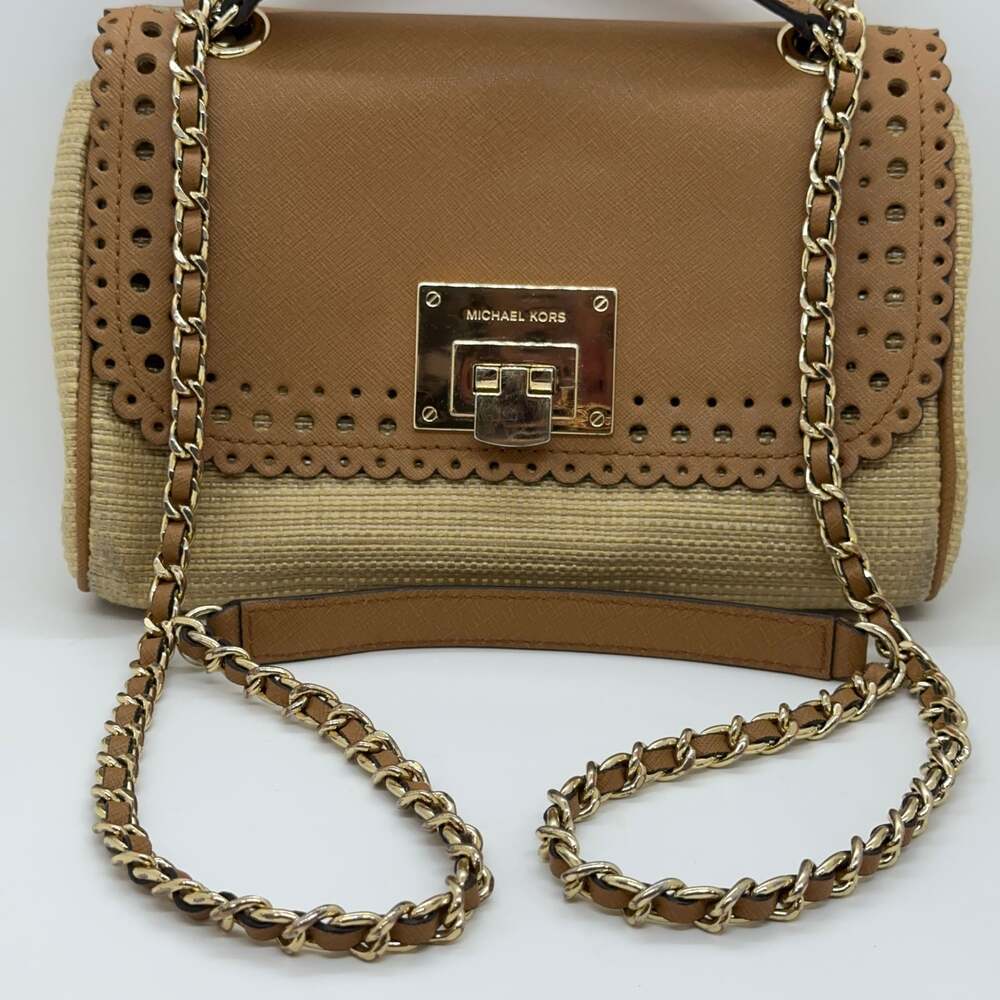 Michael Kors Vivian Tan Leather & Rattan Crossbody Purse - Picture 15 of 15